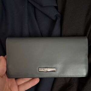 Black Leather Clutch Wallet with Silver Bamboo Accent longChamp